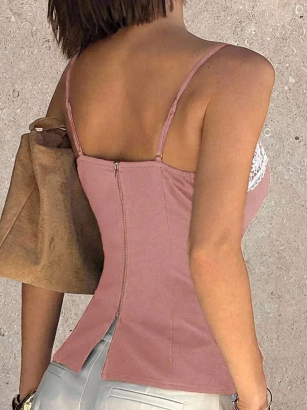 Dusty Pink Casual Women's Lace Trim Camisole Top